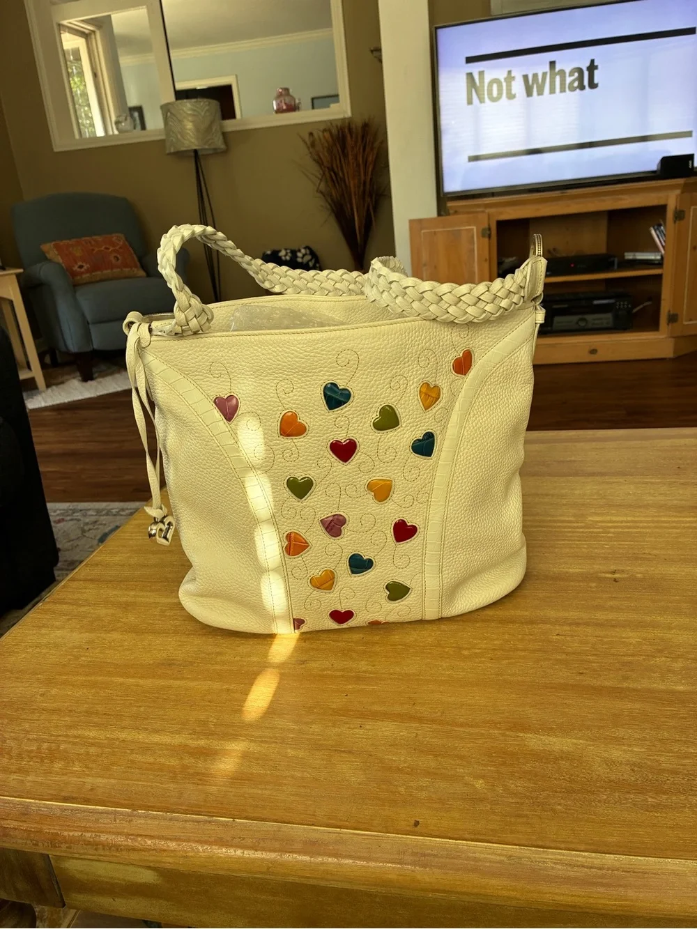 Brighton White Leather Shoulder Bag with Multicolor Heart Accents